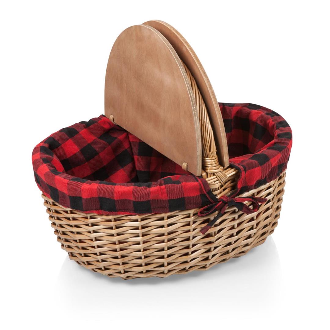 Picnic Time Country Vintage English-Style Wicker Picnic Basket with Split-Lid Design, Red & Black Buffalo Plaid Pattern - Image 2