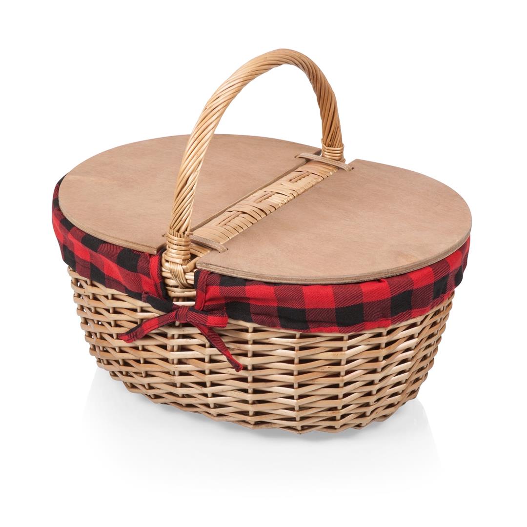 Picnic Time Country Vintage English-Style Wicker Picnic Basket with Split-Lid Design, Red & Black Buffalo Plaid Pattern