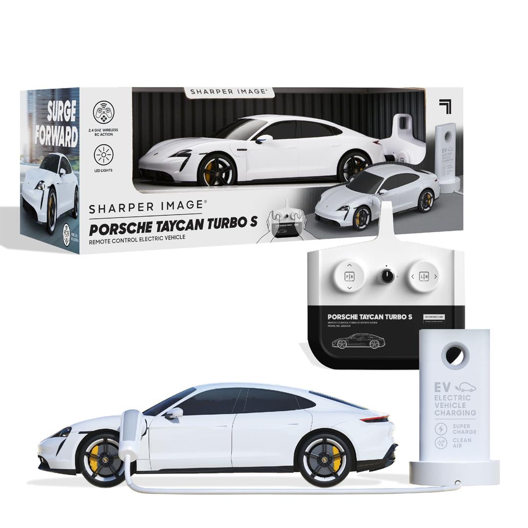 Sharper Image Porsche Taycan Turbo S Remote Control Electric Car With LED Lights and USB-C Charging Station