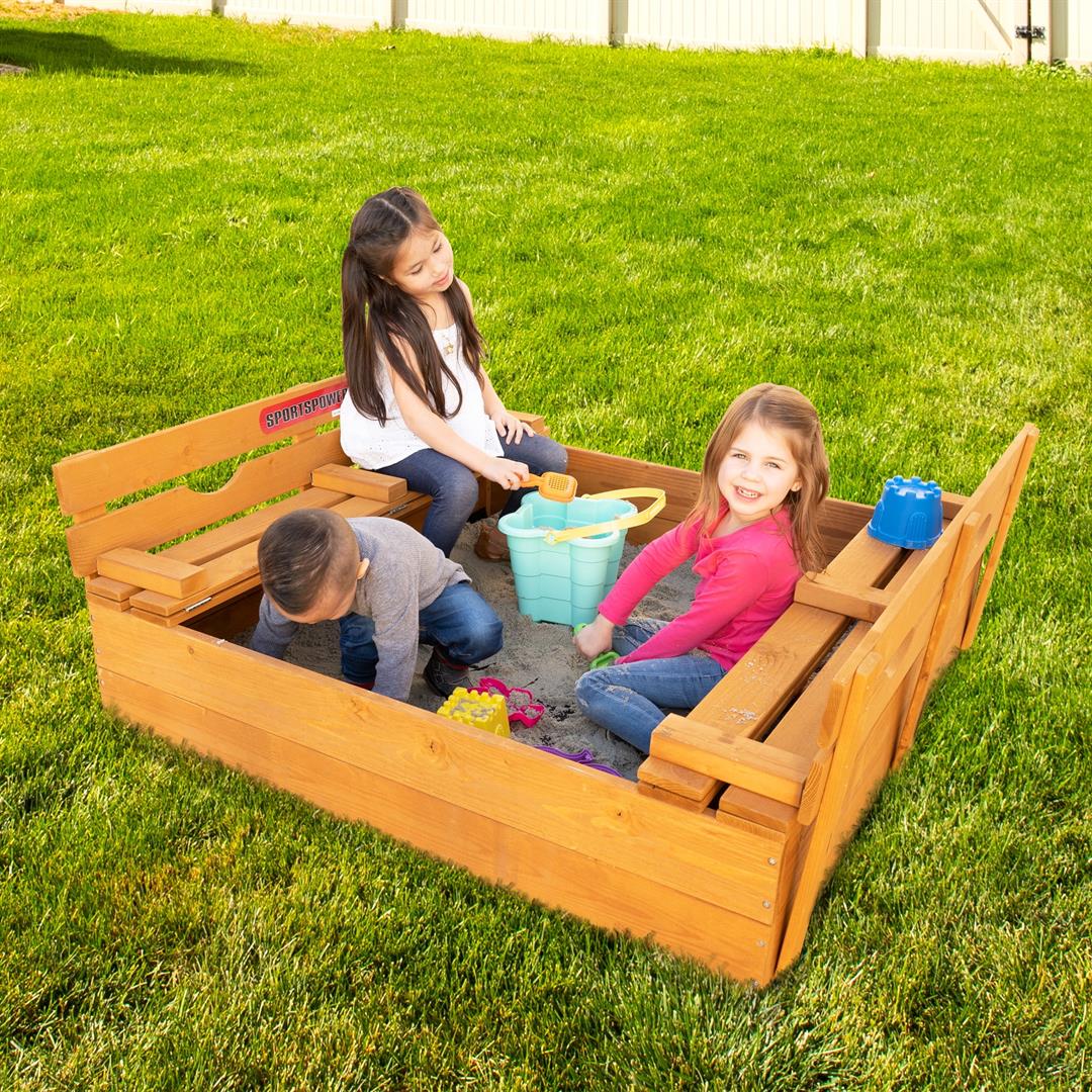Sportspower 4.2 x 4 Rectangular Sandbox with 2 Wooden Bench and Ground Liner - Image 7