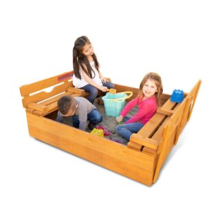 Sportspower 4.2 x 4 Rectangular Sandbox with 2 Wooden Bench and Ground Liner