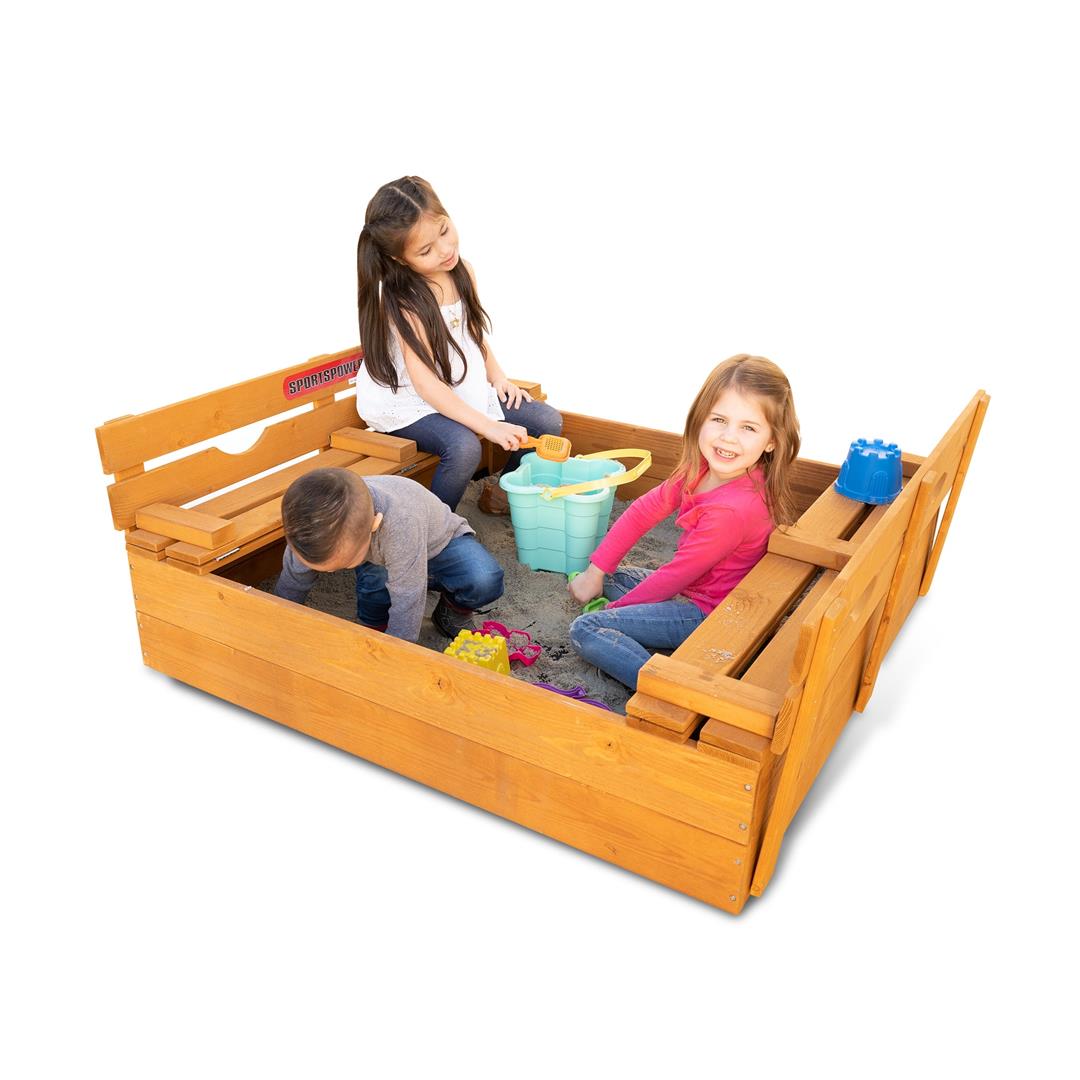 Sportspower 4.2 x 4 Rectangular Sandbox with 2 Wooden Bench and Ground Liner