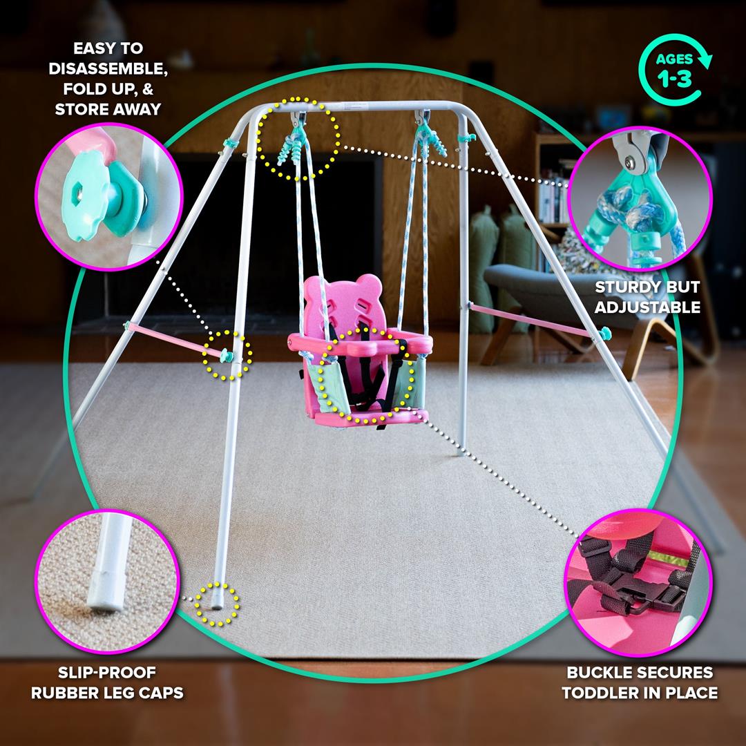 Sportspower Indoor/Outdoor My 1st Toddler Metal Swing with Safety Harness, Foldable Frame - Image 3