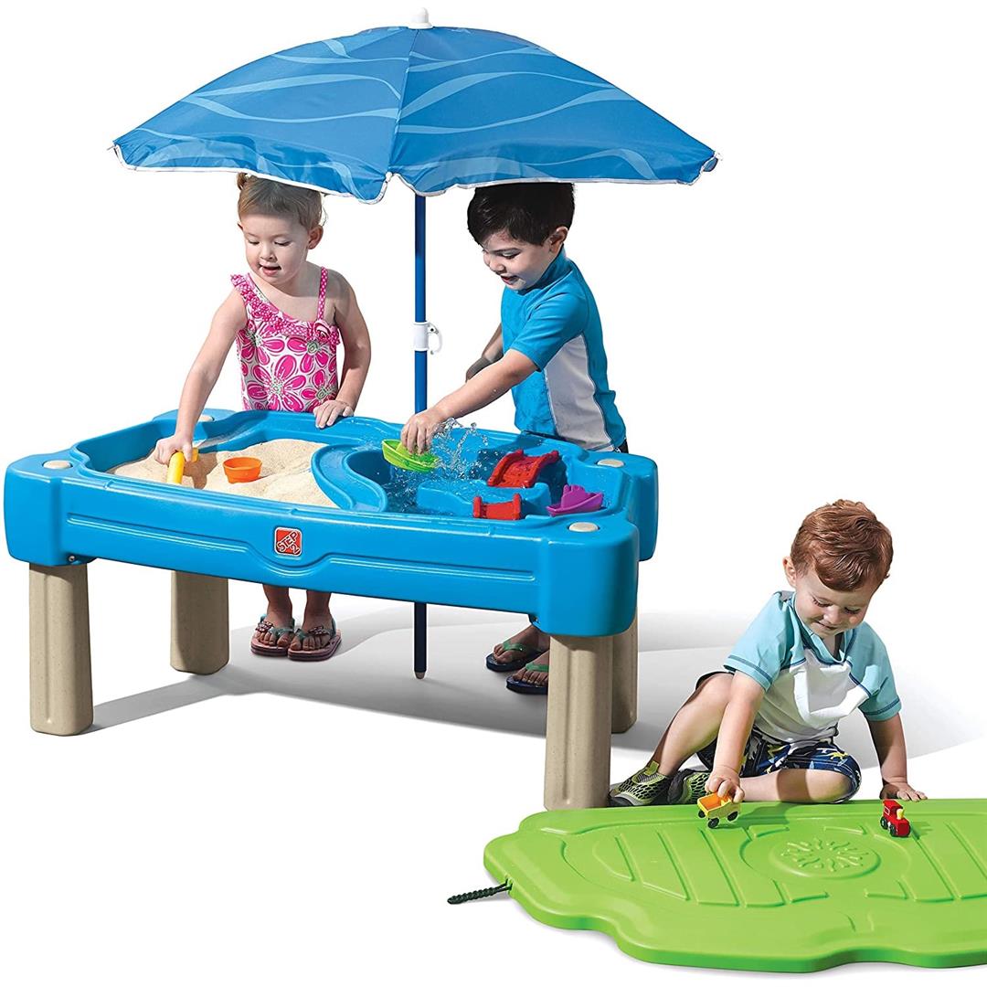 Step2 Cascading Cove Blue Plastic Sandbox and Water Table for Toddlers with Cover and Umbrella - Image 5