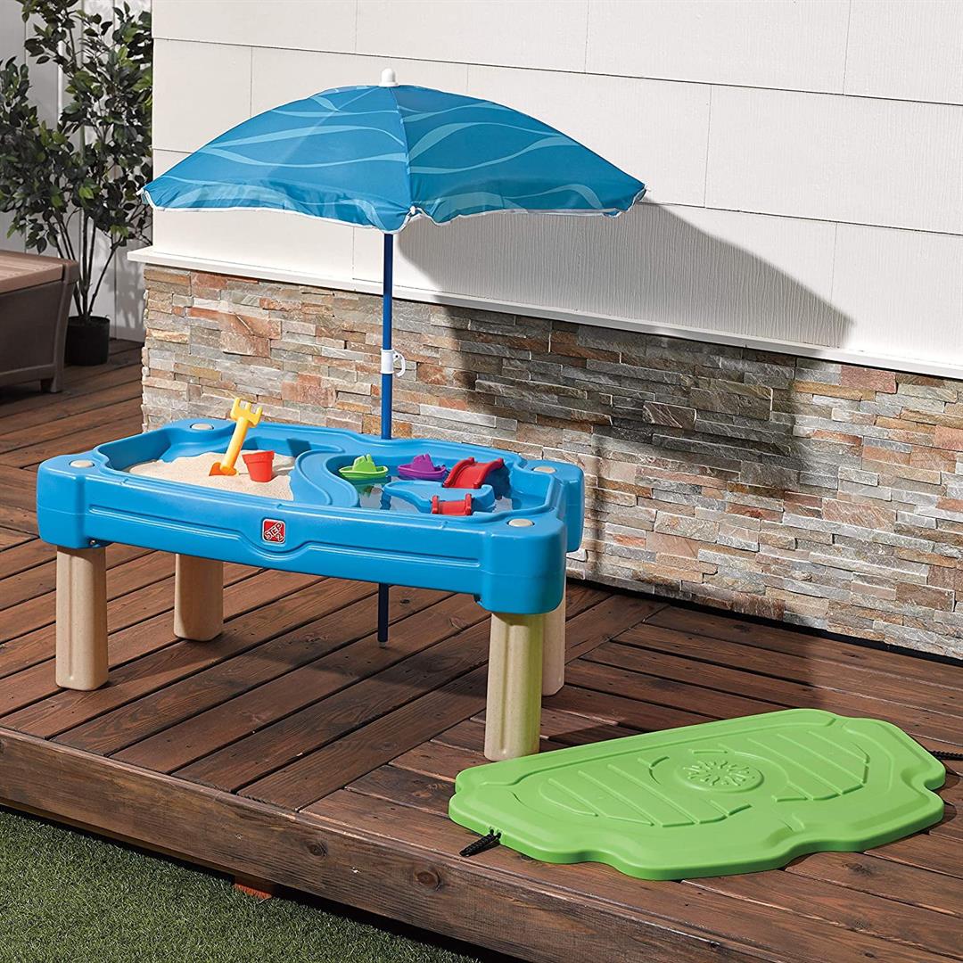 Step2 Cascading Cove Blue Plastic Sandbox and Water Table for Toddlers with Cover and Umbrella - Image 8