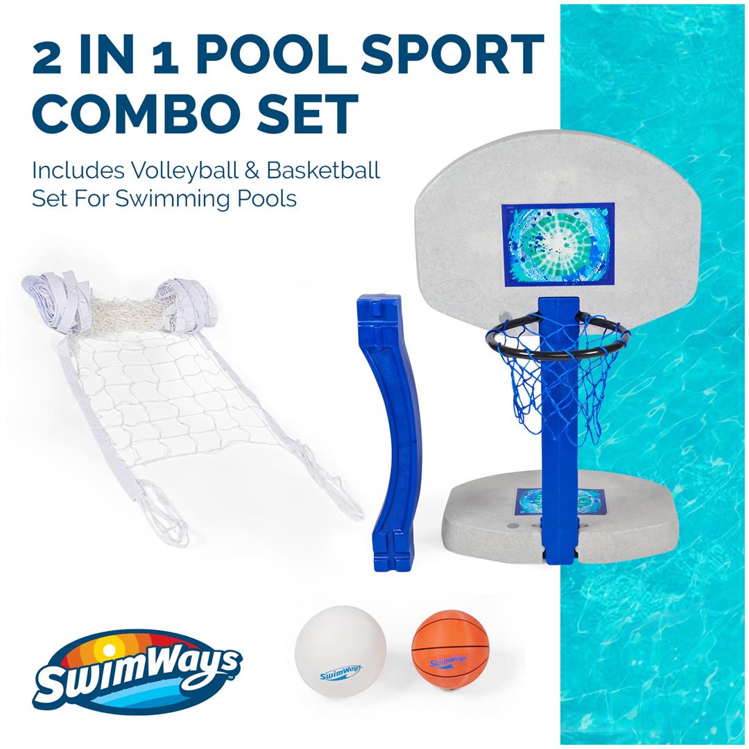 SwimWays 2-in-1 Pool Sport Combo Set - Volleyball Net & Outdoor Basketball Hoop For In- & Above Ground Pool, Outdoor Games for Adults and Family - Image 2