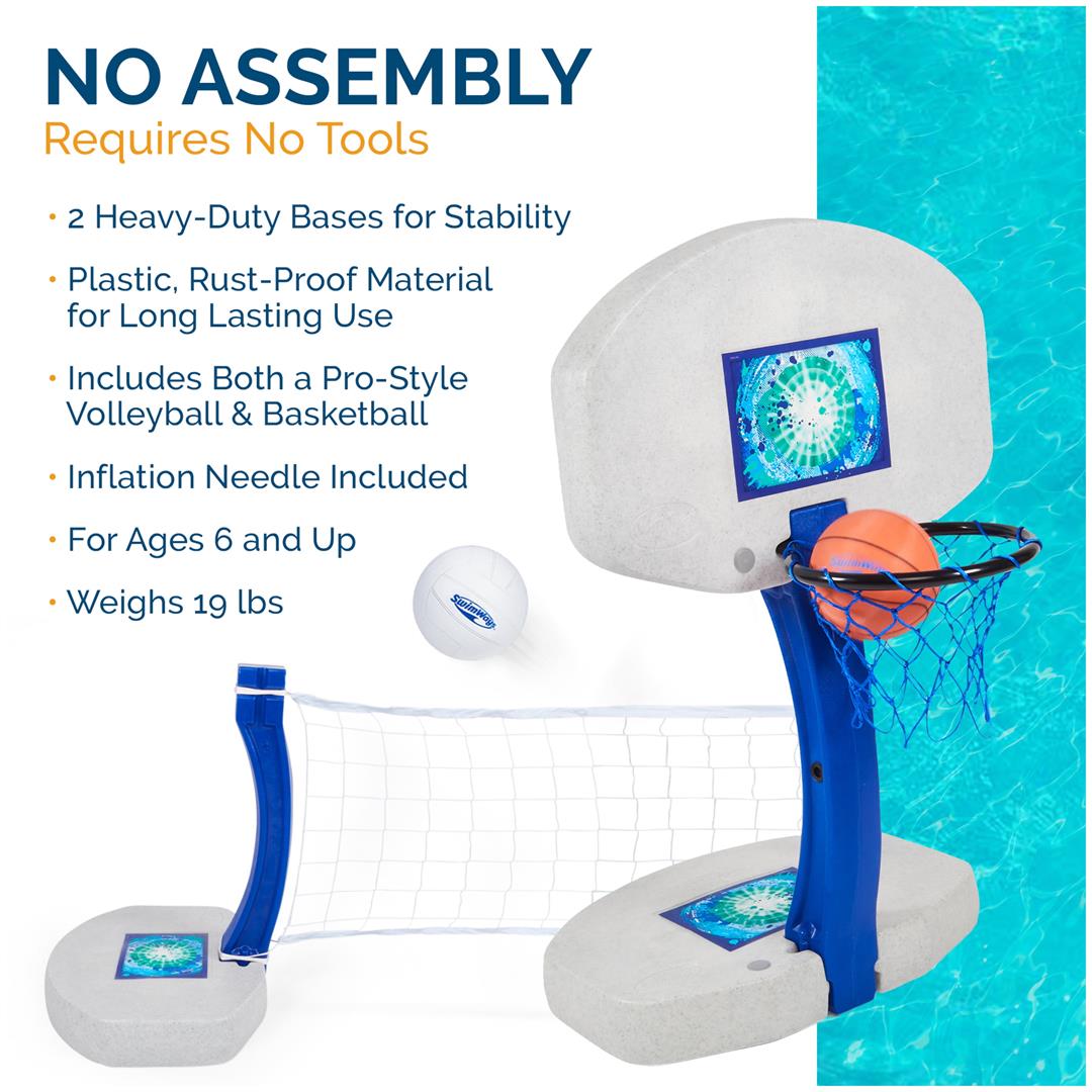 SwimWays 2-in-1 Pool Sport Combo Set - Volleyball Net & Outdoor Basketball Hoop For In- & Above Ground Pool, Outdoor Games for Adults and Family - Image 3