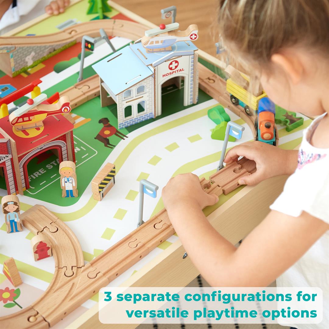Teamson Kids Preschool Play Lab 85-Piece Wooden Train Table Play Set Multicolor - Image 2