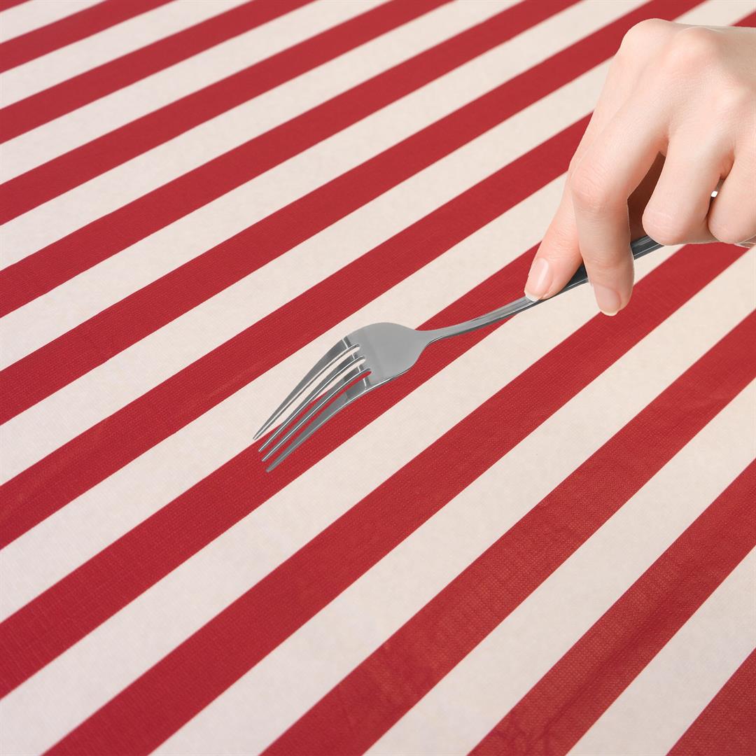 Waverly Inspirations Rectangular Elastic Fitted Table Cover Waterproof Vinyl Tablecloth With Flannel Backing, 6Ft Table, 72" x 30", White/Red Stripe, 8 PK - Image 2