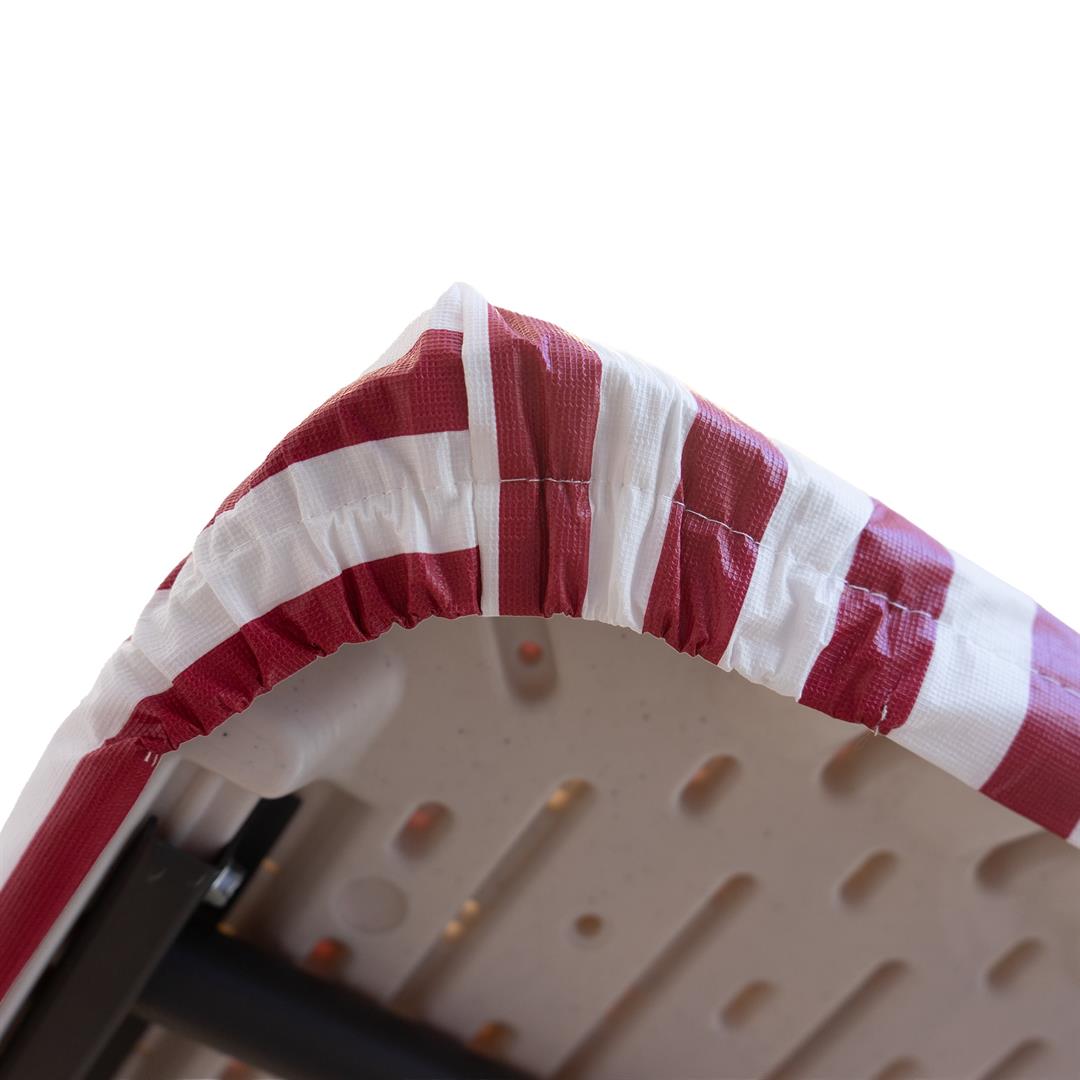 Waverly Inspirations Rectangular Elastic Fitted Table Cover Waterproof Vinyl Tablecloth With Flannel Backing, 6Ft Table, 72" x 30", White/Red Stripe, 8 PK - Image 3