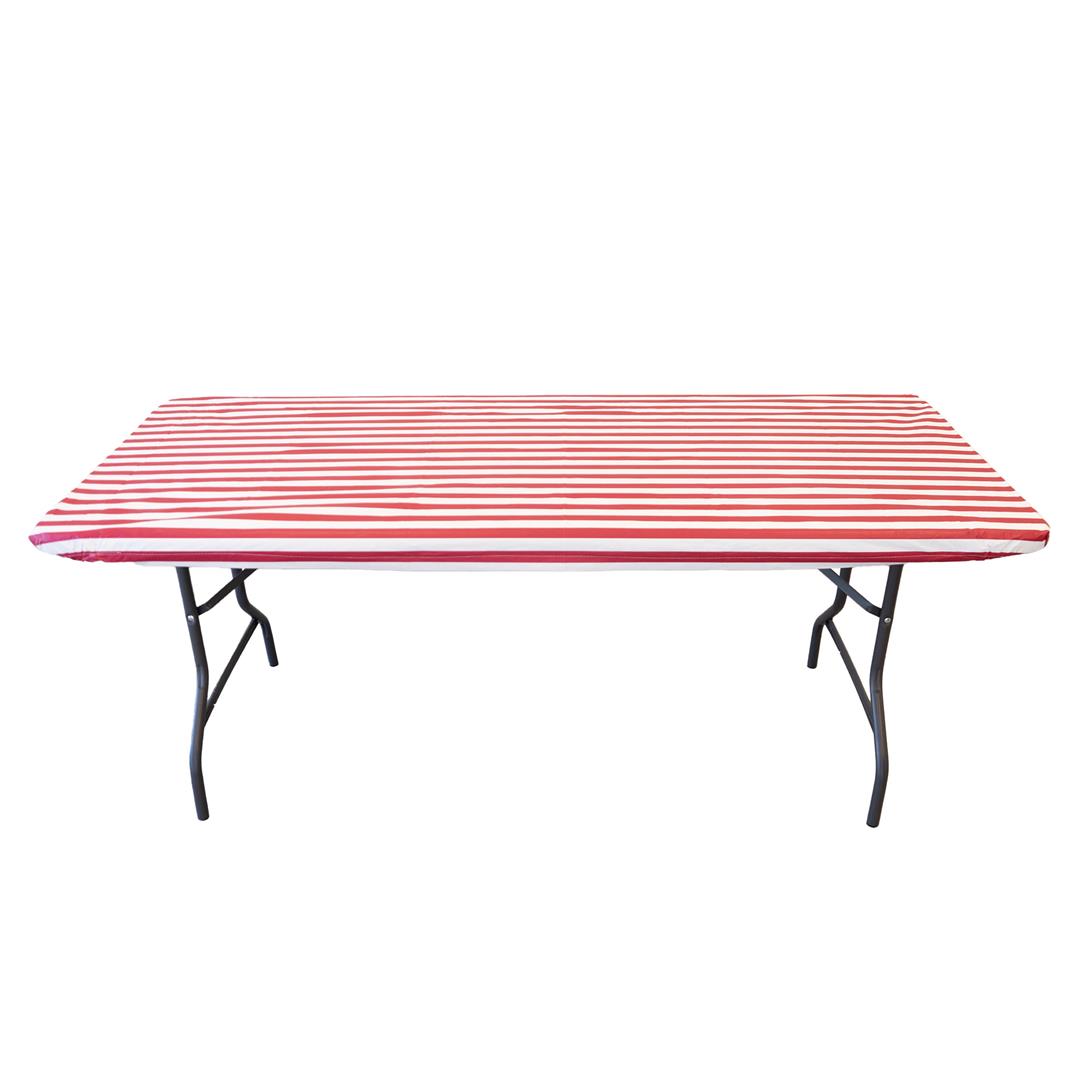 Waverly Inspirations Rectangular Elastic Fitted Table Cover Waterproof Vinyl Tablecloth With Flannel Backing, 6Ft Table, 72" x 30", White/Red Stripe, 8 PK - Image 4