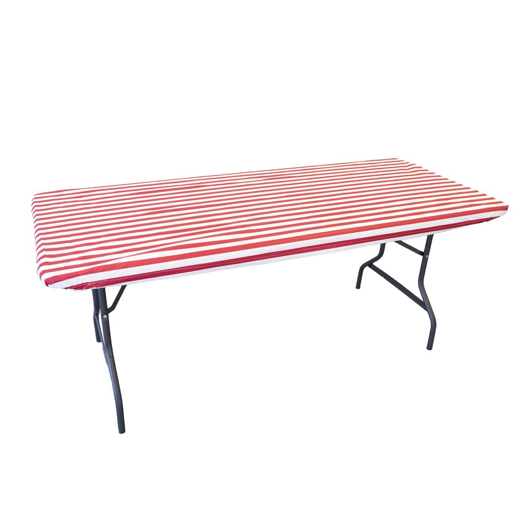 Waverly Inspirations Rectangular Elastic Fitted Table Cover Waterproof Vinyl Tablecloth With Flannel Backing, 6Ft Table, 72" x 30", White/Red Stripe, 8 PK - Image 5