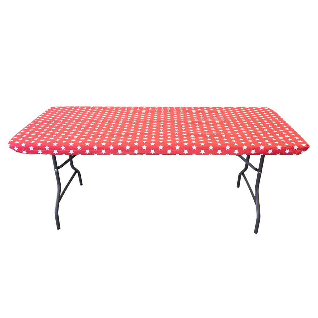 Waverly Inspirations Rectangular Elastic Fitted Table Cover Waterproof Vinyl Tablecloth With Flannel Backing, 6Ft Table, 72" x 30", White Stars With Red Base, 8 PK - Image 2