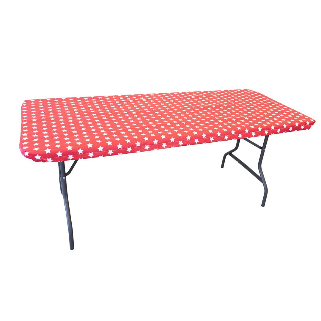 Waverly Inspirations Rectangular Elastic Fitted Table Cover Waterproof Vinyl Tablecloth With Flannel Backing, 6Ft Table, 72" x 30", White Stars With Red Base, 8 PK - Image 3